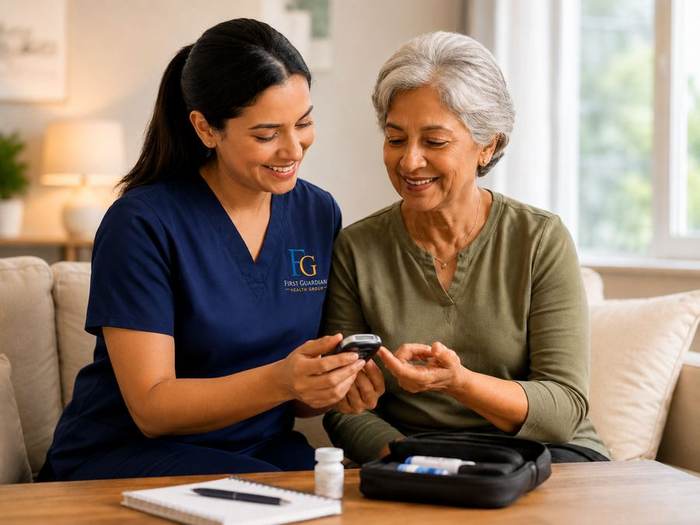 First Guardian Health Group nurse supporting a client with diabetes management in Clyde North