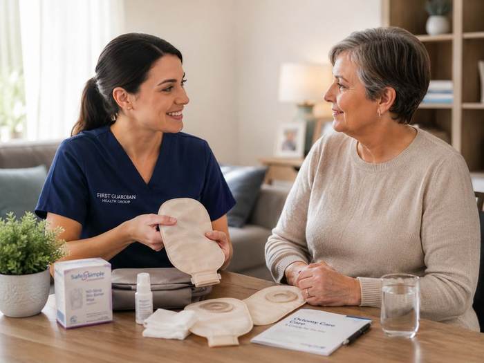 First Guardian Health Group nurse providing bowel and stoma care support to a client in Clyde North