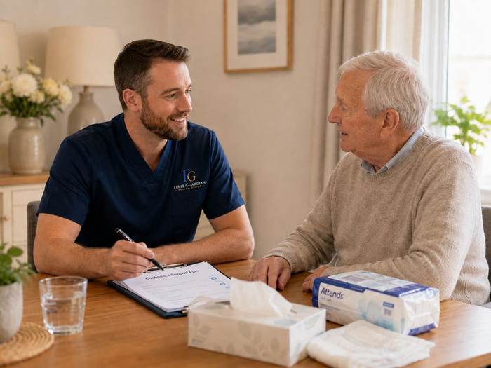 First Guardian Health Group nurse providing urinary and continence management support to a client in Clyde North