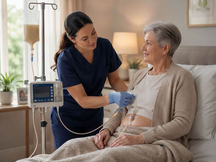 First Guardian Health Group nurse assisting a client with enteral feeding in Clyde North