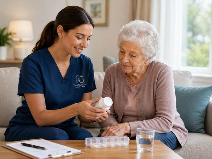 First Guardian Health Group nurse assisting a client with medication management in Clyde North